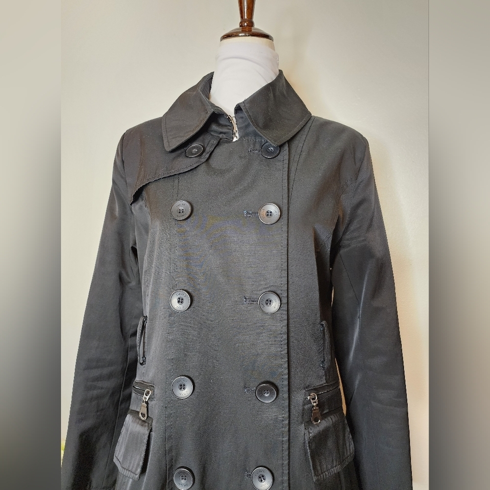DKNY Black Trench Coat Classic Tailored Design Double Breasted Military Zippers - Picture 6 of 16